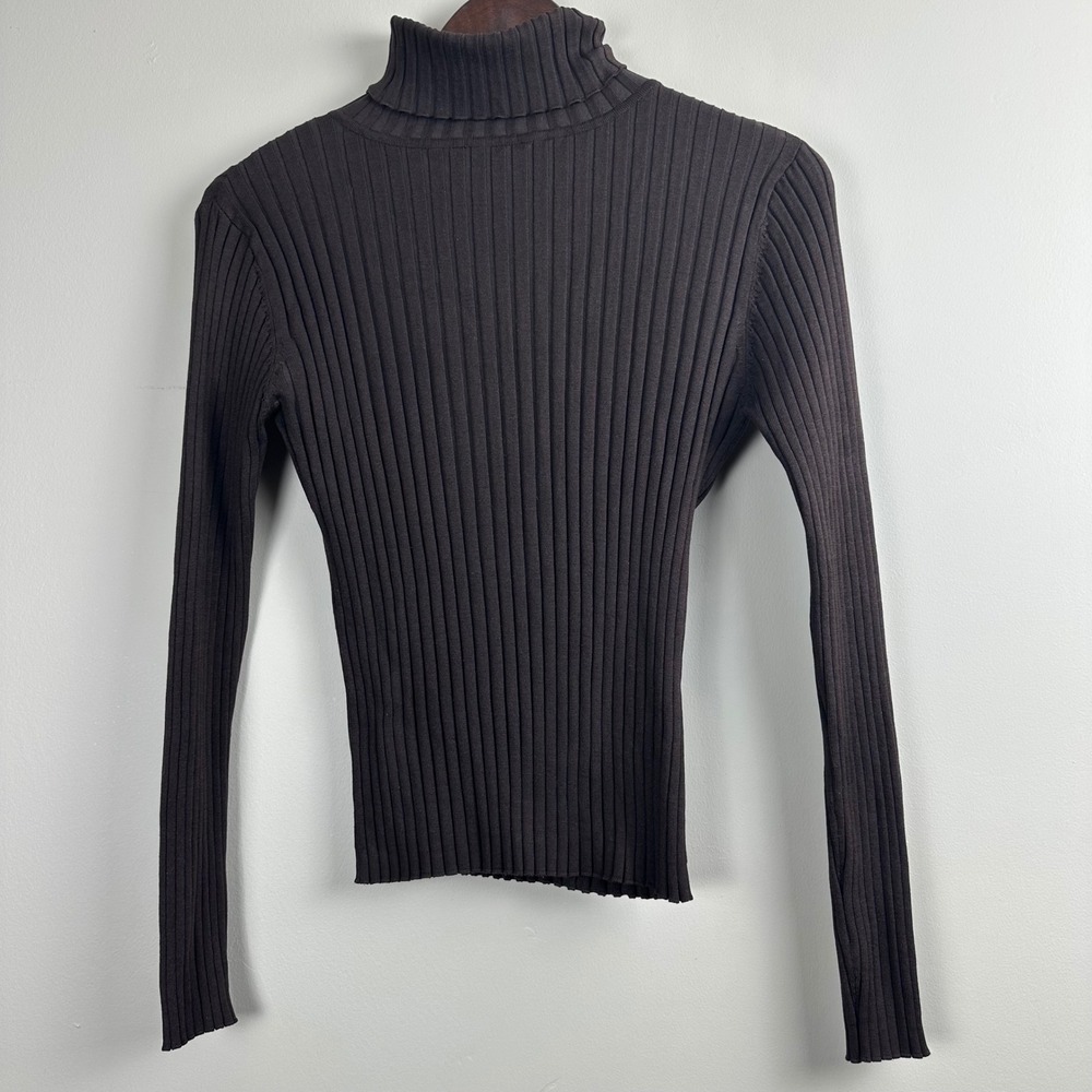 Yvonne Marie Chocolate Brown Silk Blend Ribbed Turtleneck Sweater Top M